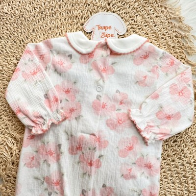 Macacão Anarruga com Gola Picueta - Floral - Rose e Off White